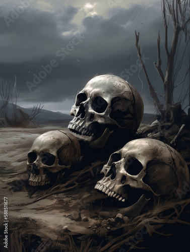 A desolate landscape of skulls and bones stirring a eerie chill within the observer. Gothic art. AI generation.