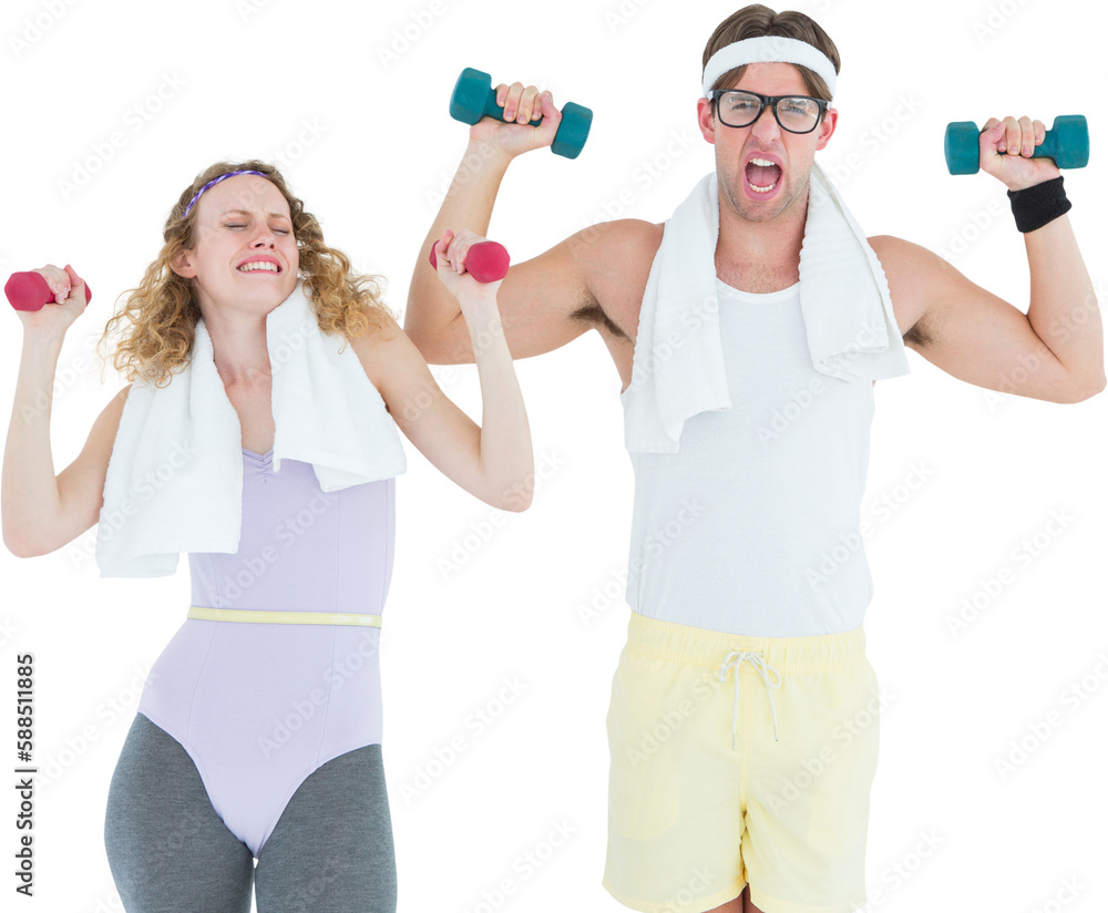Geeky hipster couple lifting dumbbells in sportswear Geeky hipster couple lifting dumbbells in sportswear