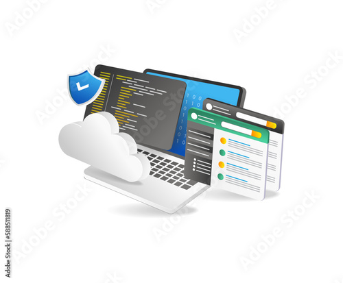 Cloud computing security concept with laptop, tablet pc, smartphone and shield