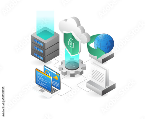 Cloud computing isometric concept. Server network data center cloud computing data storage. Vector illustration