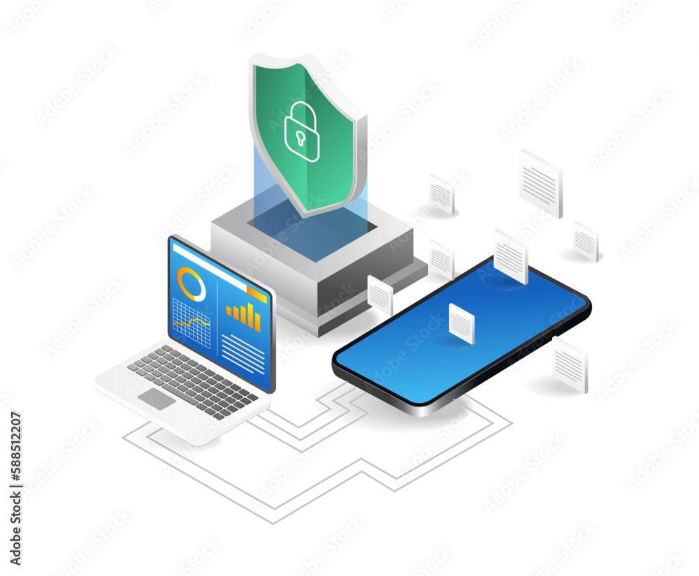 Data protection concept. Laptop, smartphone and shield. Isometric vector illustration.