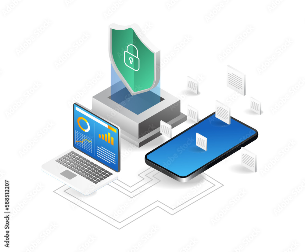 Data protection concept. Laptop, smartphone and shield. Isometric vector illustration. Data protection concept. Laptop, smartphone and shield. Isometric vector illustration.