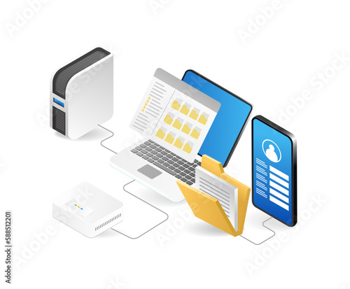 Isometric laptop mobile phone folder and server. Vector illustration.