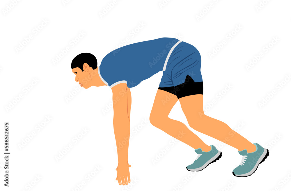 Sprinter runner vector illustration isolated on white background. Marathon racer running man. Sport boy activity concept. Athlete man in explosive start of race. Muscular male in sport wear in focus. Sprinter runner vector illustration isolated on white background. Marathon racer running man. Sport boy activity concept. Athlete man in explosive start of race. Muscular male in sport wear in focus.