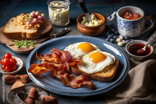 Delicious breakfast with bacon. Generative AI