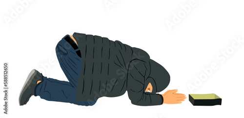 Homeless beggar begging for money vector illustration isolated on white background. Person begging for food. Miserable boy. Poor hungry man need help. Stressful public scene. Street social problem.