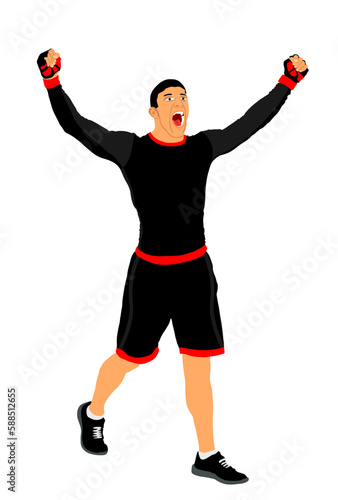 Winner celebrate victory over opponent vector illustration isolated on white background. Sport man fighter with raised spread arms. Ultimate success direct kick. Fanatic fit boy laud glory after game.