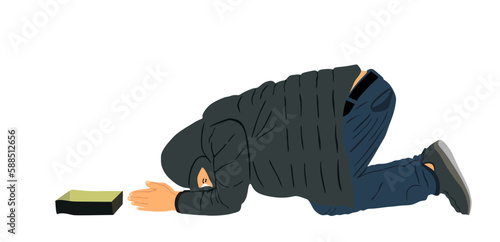 Homeless beggar begging for money vector illustration isolated on white background. Person begging for food. Miserable boy. Poor hungry man need help. Stressful public scene. Street social problem.