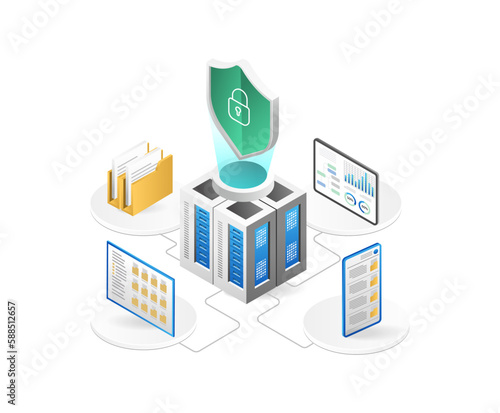 Data protection isometric concept. Server room with shield and data security icons. Vector illustration
