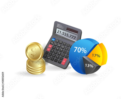Calculator, coins and pie chart on white background. Vector illustration.