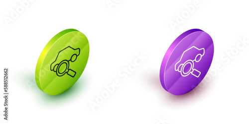 Isometric line Car sharing icon isolated on white background. Carsharing sign. Transport renting service concept. Green and purple circle buttons. Vector