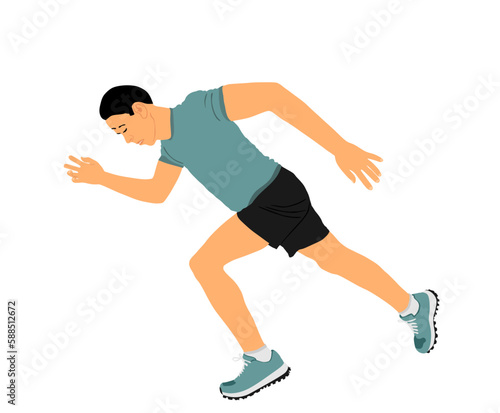 Sprinter runner vector illustration isolated on white background. Marathon racer running man. Sport boy activity concept. Athlete man in explosive start of race. Muscular male in sport wear in focus.
