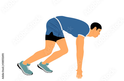 Sprinter runner vector illustration isolated on white background. Marathon racer running man. Sport boy activity concept. Athlete man in explosive start of race. Muscular male in sport wear in focus.