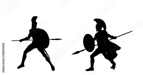 Greek hero ancient soldier in battle with spear and shield combat vector silhouette illustration isolated on white background. Roman legionary, brave warrior in war. Gladiator symbol shadow man shape.
