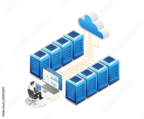 Isometric server room. Cloud computing and data storage. Vector illustration