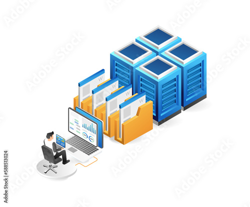 Isometric data center concept. Cloud storage and hosting. Data center server room and cloud computing. Vector illustration
