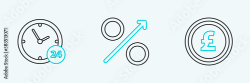 Set line Coin money with pound sterling symbol, Clock 24 hours and Percent up arrow icon. Vector