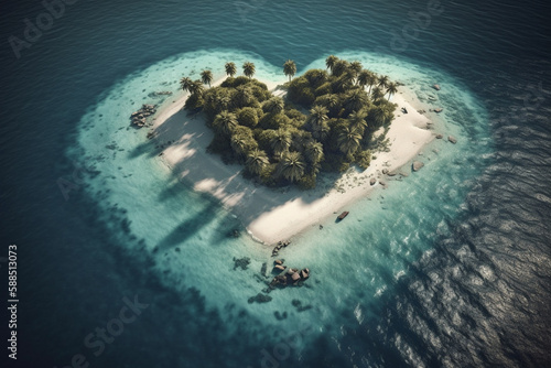 Amazing tropical island in heart shape. Generative AI © Vika art