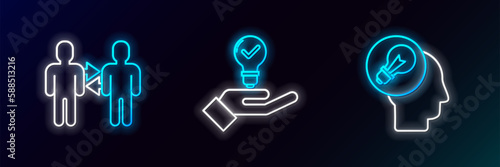 Set line Human head with lamp bulb, Project team base and Light in hand icon. Glowing neon. Vector
