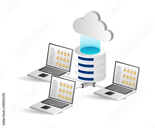 Cloud computing concept with servers and cloud icon over white background. vector illustration