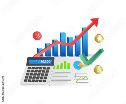 Calculator and business report with rising graph. Vector illustration.