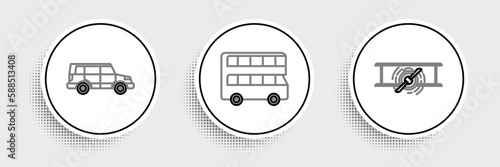 Set line Old retro vintage plane, Off road car and Double decker bus icon. Vector