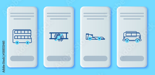 Set line Old retro vintage plane, Formula race car, Double decker bus and Retro minivan icon. Vector