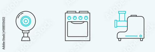 Set line Kitchen meat grinder, Web camera and Oven icon. Vector