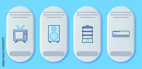 Set line Stereo speaker, Double boiler, Television and Air conditioner icon. Vector