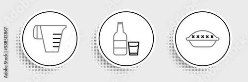 Set line Homemade pie, Measuring cup and Glass bottle with milk and glass icon. Vector