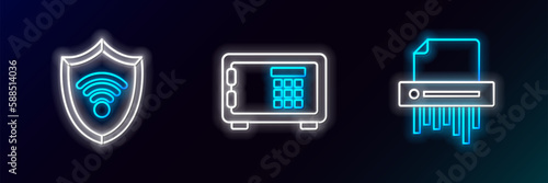 Set line Paper shredder confidential, Shield with WiFi wireless internet network and Safe icon. Glowing neon. Vector