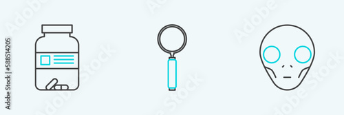 Set line Extraterrestrial alien face, Medicine bottle and pills and Magnifying glass icon. Vector