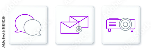 Set line Presentation, movie, film, media projector, Speech bubble chat and Envelope icon. Vector