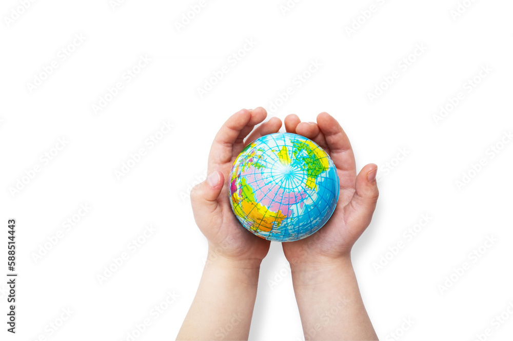 Environment for future, save the planet concept. World globe in child hands top view with copy space Environment for future, save the planet concept. World globe in child hands top view with copy space