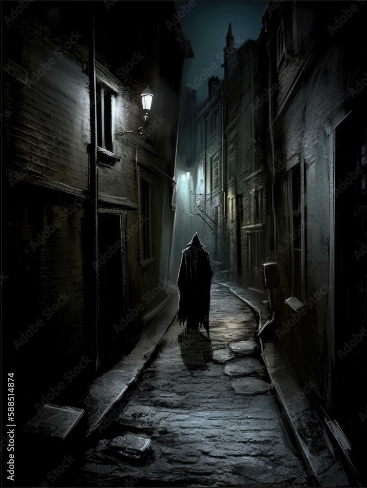 A sinister figure lurking in the shadows of a winding alleyway its eyes glowing in the moonlight. Gothic art. AI generation.