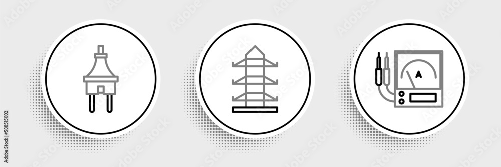 Set line Ampere meter, multimeter, voltmeter, Electric plug and High voltage power pole line icon. Vector Set line Ampere meter, multimeter, voltmeter, Electric plug and High voltage power pole line icon. Vector