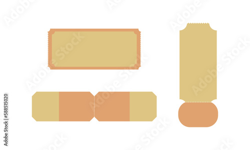 Set of yellow cinema, theatre, festival, and concert tickets isolated on the white background.