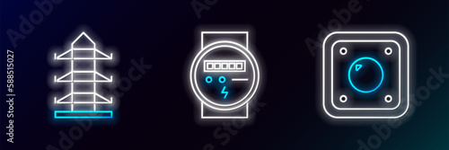 Set line Electric light switch, High voltage power pole line and meter icon. Glowing neon. Vector