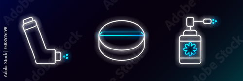 Set line Medical bottle with nozzle spray, Inhaler and Medicine pill or tablet icon. Glowing neon. Vector