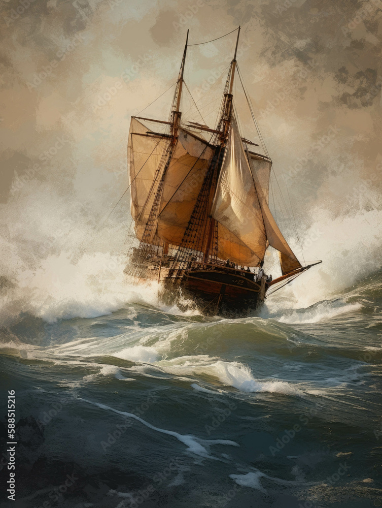 Obraz premium An old wooden sailboat carving through the swell.. AI generation.