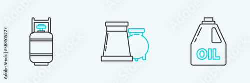 Set line Canister for motor machine oil, Propane gas tank and Oil and industrial factory building icon. Vector