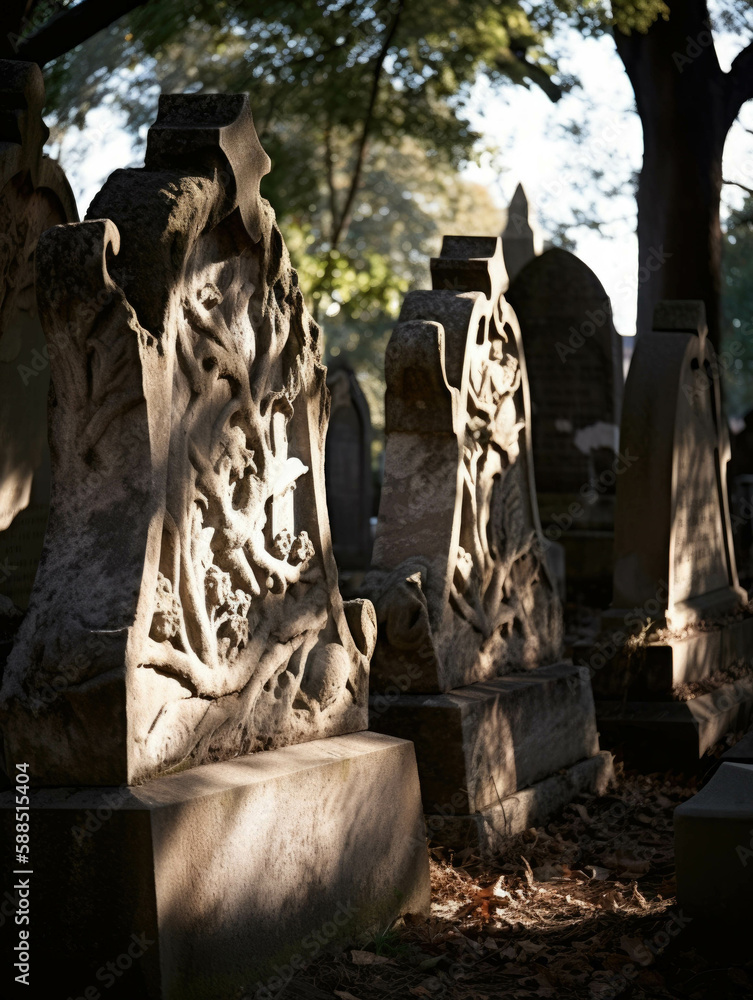 Weathered enaved headstones caught in the shadows of a gnarled tree. Gothic art. AI generation.