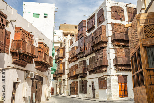 Al-Balad old town with traditional muslim houses with wooden windows and balconies, Jeddah, Saudi Arabia