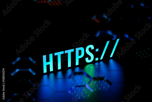HTTPS - encryption for increased security. HTTPS neon concept with blurred background. Network security. The concept of security in the address of the search engine and web browser.3D render photo