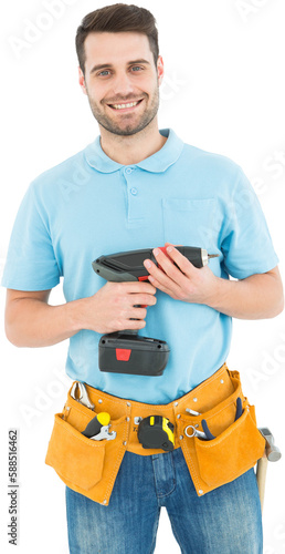 Happy repairman holding hand drill © vectorfusionart
