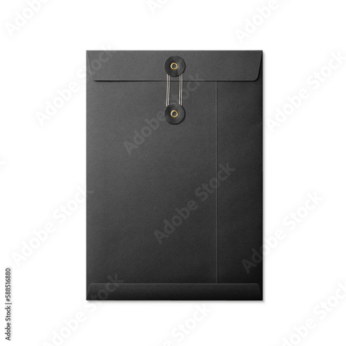 Black paper A4/C4 size string and washer envelope isolated on a transparent background, PNG. High resolution.