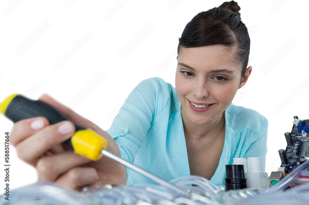 Female computer engineer repairing computer motherboard Female computer engineer repairing computer motherboard