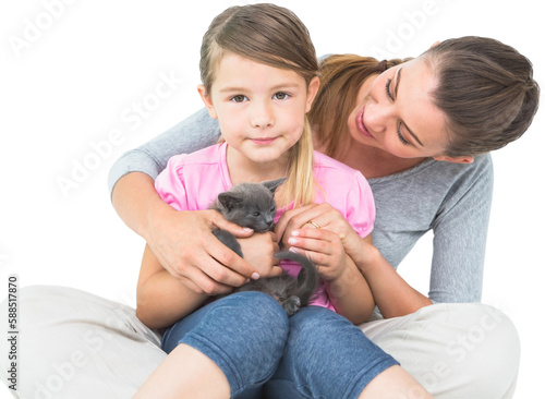 mother and daughter with cat 