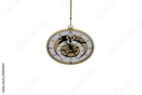 Old pocket watch with roman numerals hanging from chain