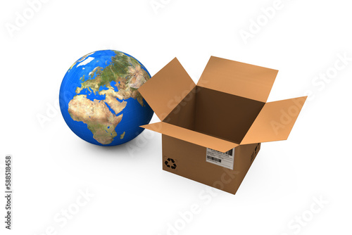 High angle view of planet earth and cardboard box
